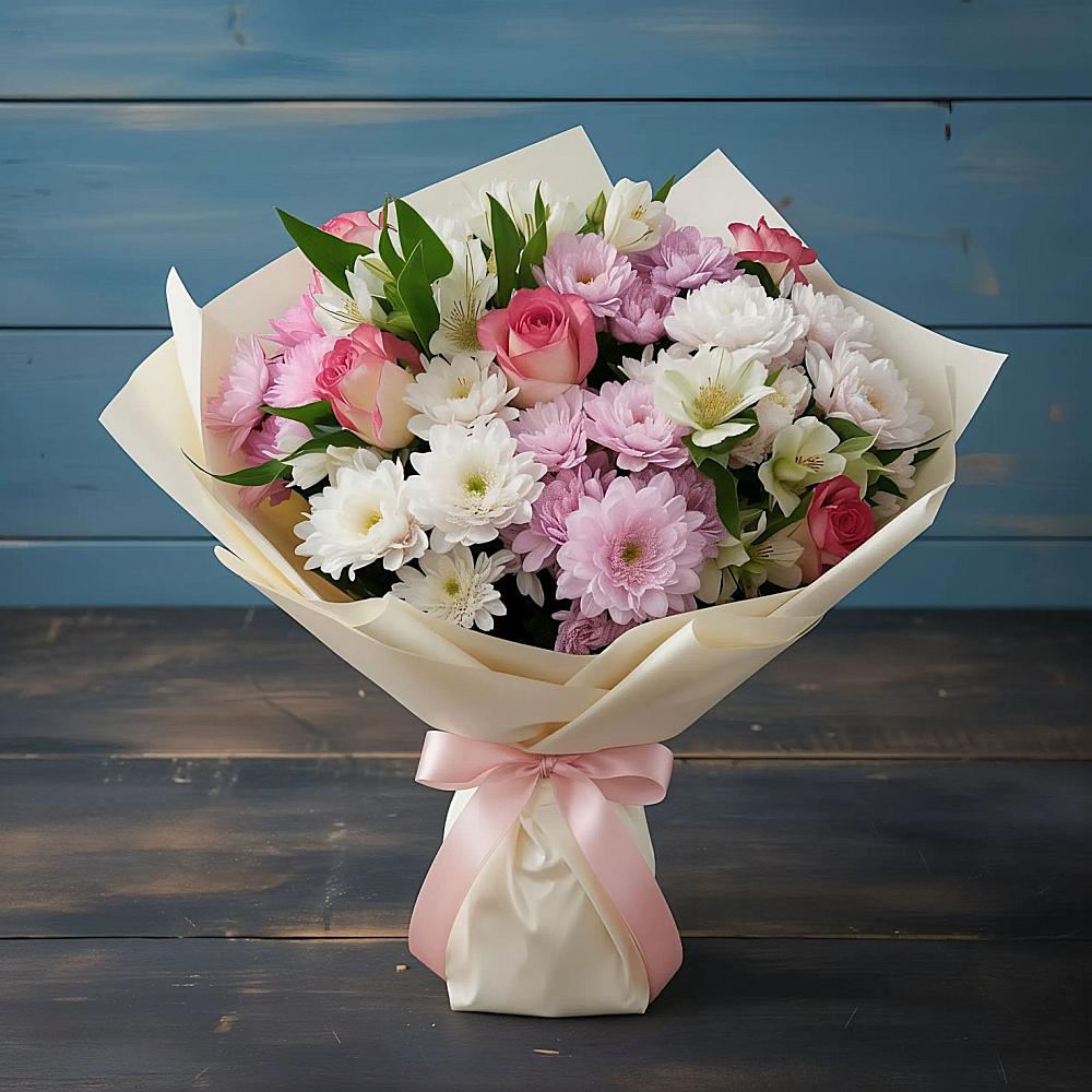 Букет цветов из: Хризантемы, Альстромерии и Розы в Кадникове